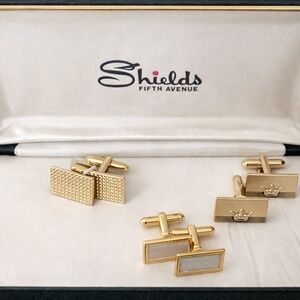 Vintage Shield’s Fifth Avenue Gold Cufflinks Set – 3 Pairs w/ Original Box